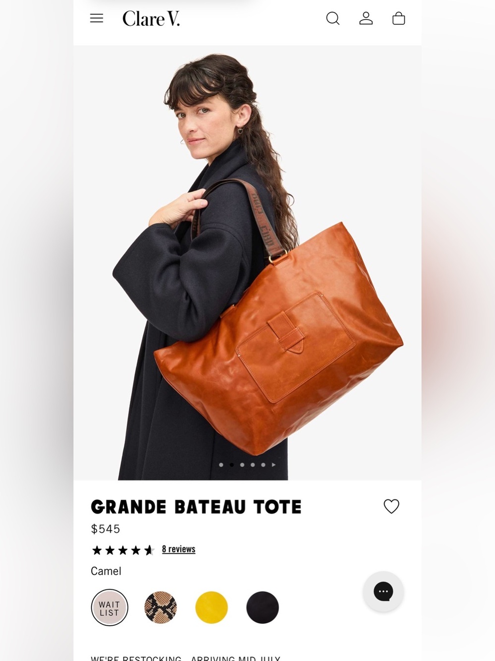 NWT Clare V. Grande Bateau Tote, Camel